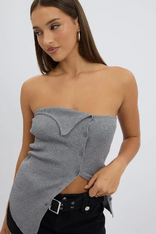 Budget Friendly Grey Strapless Knit Top Open Front