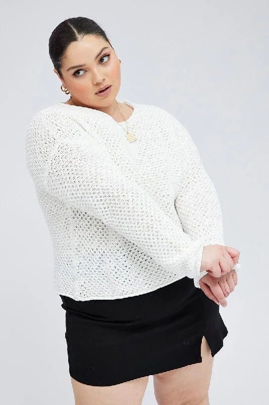 Big Savings On Minimalist Office Styles White Fishnet Knit Top Long Sleeve Crew Neck