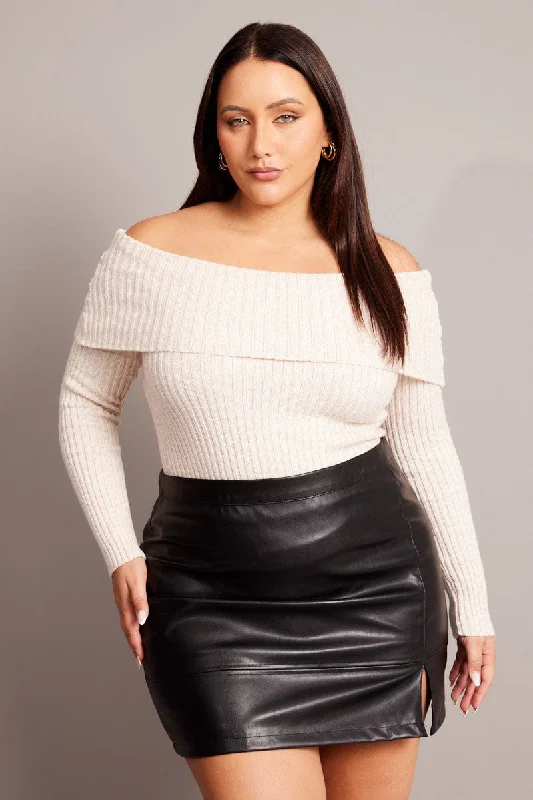 New Season Fashion Preview Beige Off Shoulder Knit Top Long Sleeve