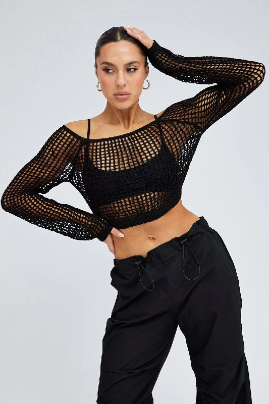 Effortless Grace Black Crochet Knit Top Long Sleeve Square Neck