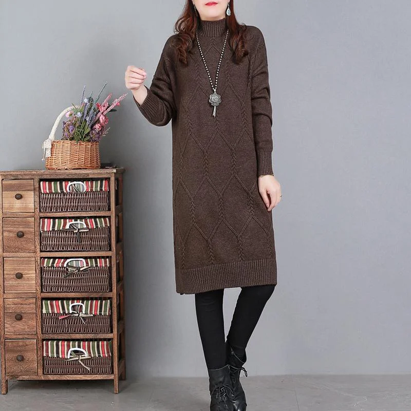 Summer Fashion Comfy High Neck Sweater Weather Largo Chocolate Art Knit Dresses