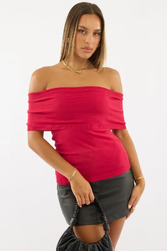 Trendy Fashion Sale Red Bardot Knit Top Short Sleeve