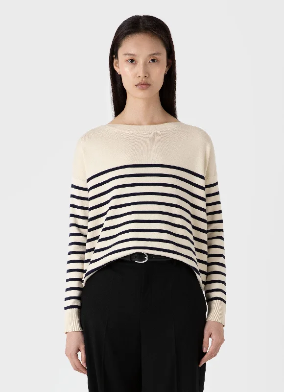 High End Designer Brands Discount Women's Breton Stripe Jumper in Ecru/Navy