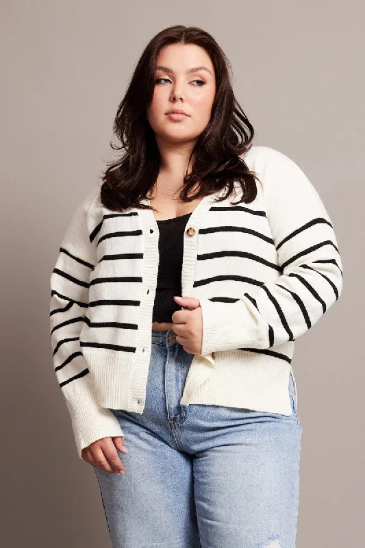 Chic Styles White Stripe Oversized Cardigan Long Sleeve V-neck Stripe