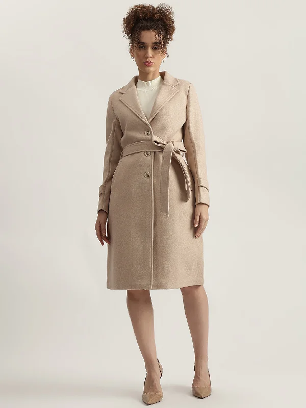 Top Brand Discounts Elle Women Beige Solid Notched Collar Full Sleeves Overcoat