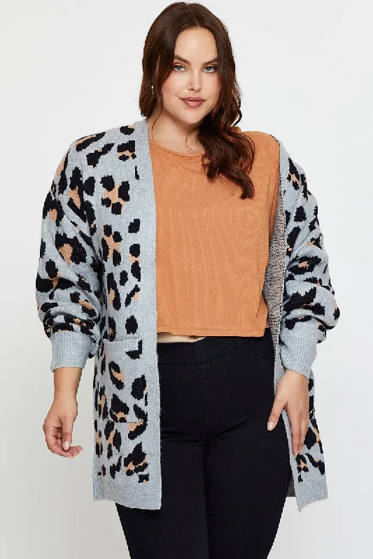Ends Soon Animal Print Knit Cardigan Long Sleeve Longline