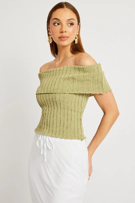 Versatile Wardrobe Essentials Green Off shoulder Knit Top