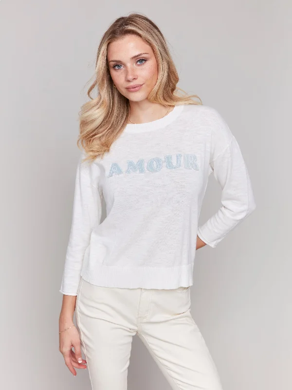 Exclusive Sale Charlie B Denim Patched 3/4 Sleeve Crew Neck Cotton Sweater - C2799