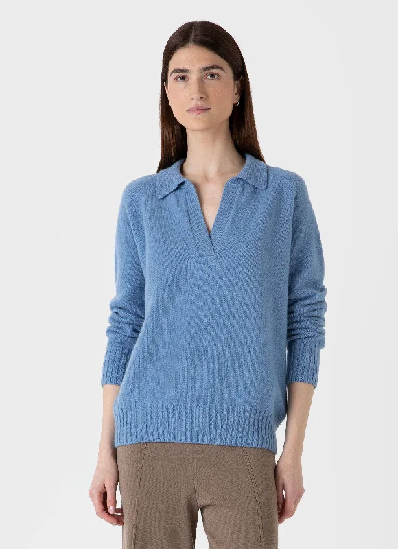 Vintage Inspired Fashion Sale Women's Lambswool Polo Jumper in Cornflower