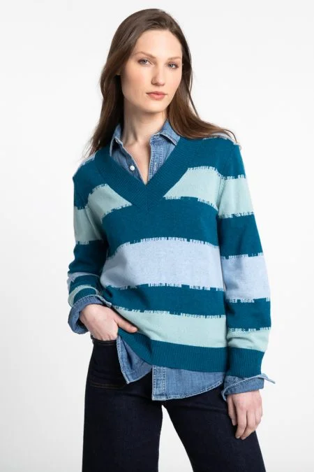 Ride The Style Wave Kinross Cashmere Intarsia Stripe Vee Pullover