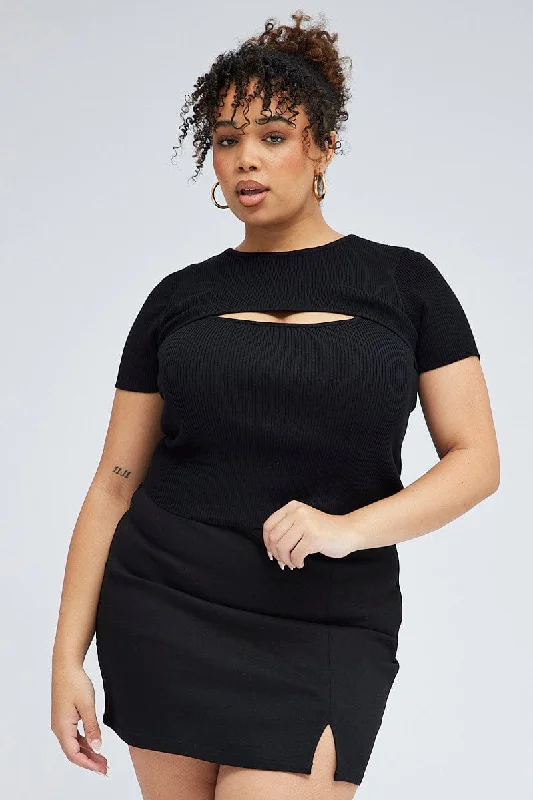 Big Savings On Rustic Countryside Styles Black Knit Top Bust Cut Out Short Sleeve
