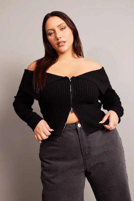 Early Access To Art Deco Styles Sale Black Off Shoulder Knit Top