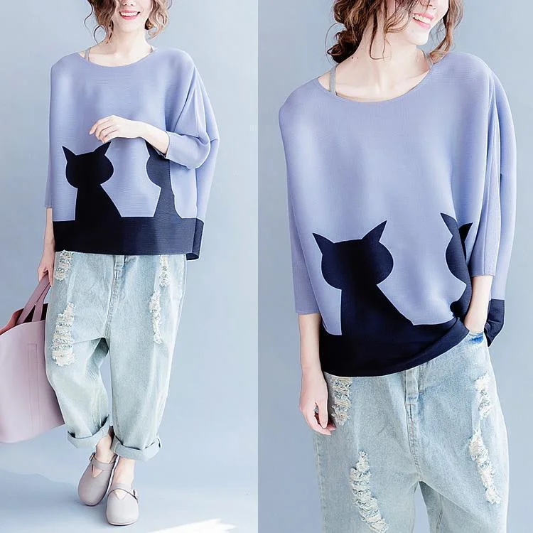 Embrace New Fashion fall Two cats lavender sweatshirt plus size top long sleeve blouse