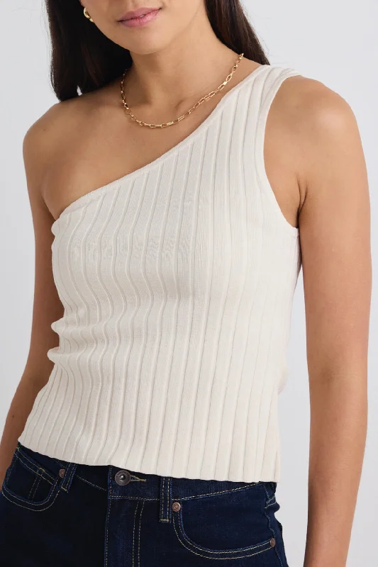 High End Women's Wear Urban Cream One Shoulder Rib Knit Top
