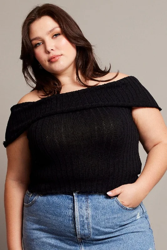 Enjoy Discount Black Off Shoulder Knit Top