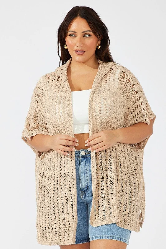 Save On Inspired Styles Beige Hooded Crochet Cardigan Short Sleeve