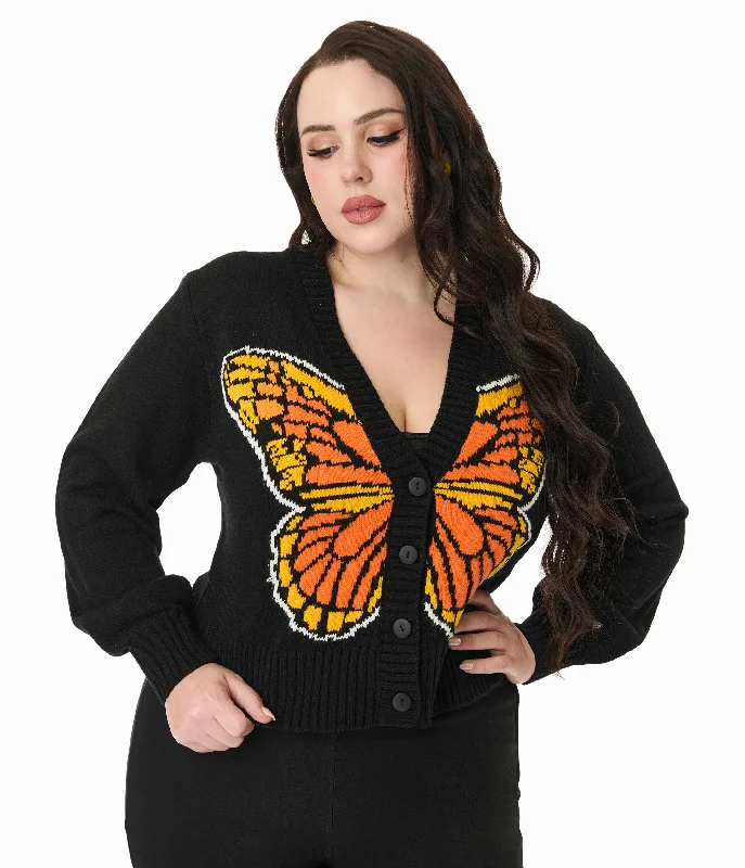 Vibrant Styles Smak Parlour Plus Size 1960s Black Monarch Butterfly Cardigan