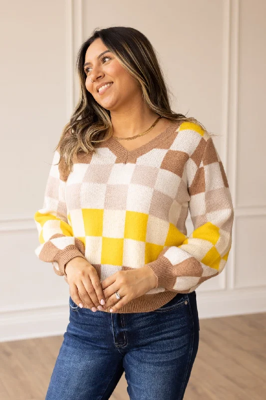 Classic Charm Women's Holiday Outfit Coffee Brown Chic Checkered Sweater