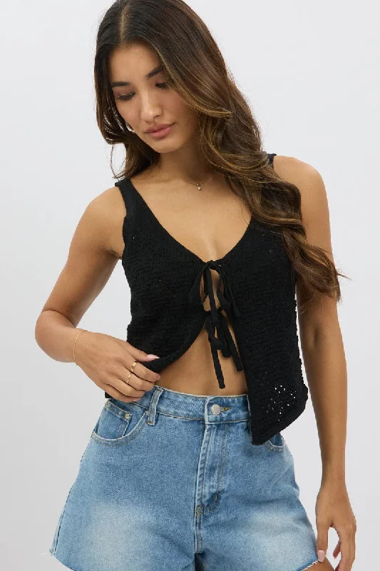 Massive Selection Sale Black Crochet Knit Vest Tie Up
