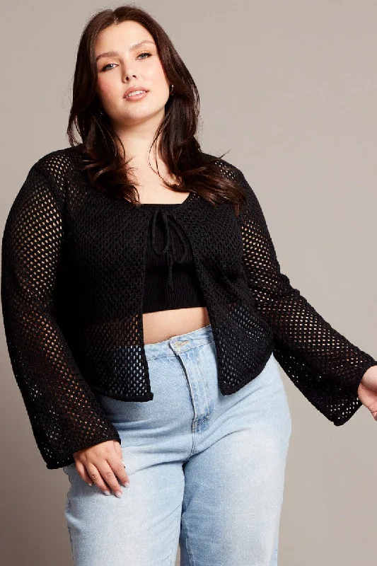 Additional Time-Limited Offers Black Crochet Cardigan Long Sleeve V-neck Tie Up
