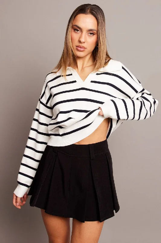 Exclusive Discount White Stripe Knit Top Long Sleeve Collar