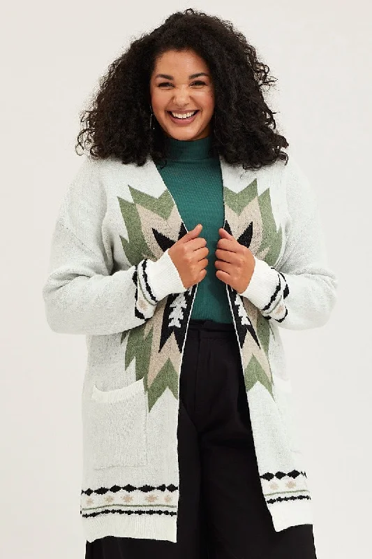 Fashion Frontiers Multi Colour Knit Cardigan Long Sleeve Aztec Longline