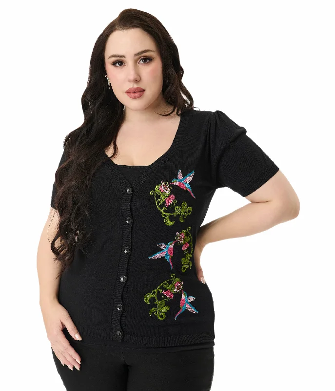 Chic Outfits Unique Vintage Plus Size 1950s Black Hummingbird Embroidered Cardigan