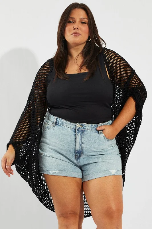 Contemporary Chic Black Crochet Cardigan Longline