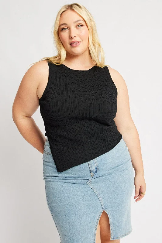 Mega Sales Black Knit Top Asymmetric Hem Crew Neck