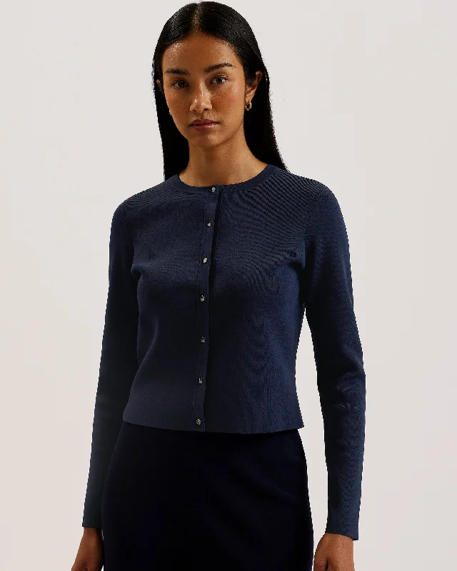 Trendy Attire For Her Brylle Round Neck Fitted Knit Cardigan Dk-Blue