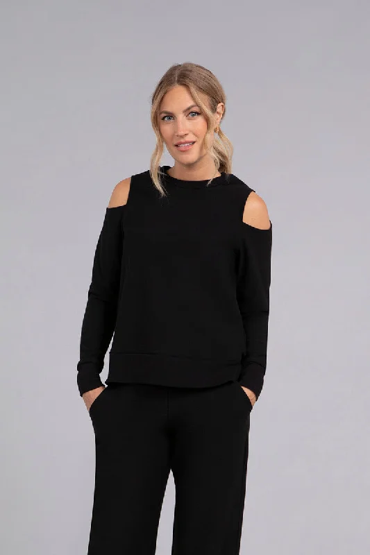 Fashion Forward Bamboo Fleece Cut Out Shoulder Top | Black