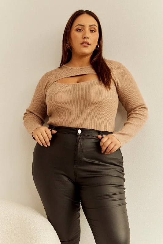 Style Revolution Beige Knit Top Cut Out Long Sleeve