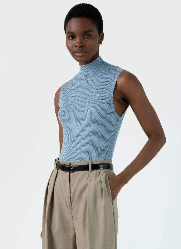 Final Sale Women's Mulberry Silk Rib Vest Jumper in Light Blue