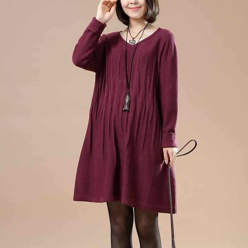 Contemporary Elegance Wrinkled sweaters women knit winter dresses in burgundy
