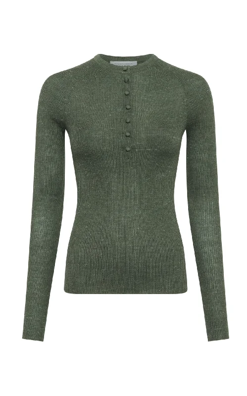 New Arrivals Anges Knit Henley in Olive Cashmere Silk with Hemp