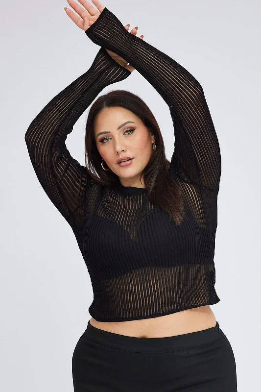Stay Ahead In Style Black Knit Top Long Sleeve Crew Neck