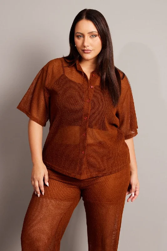Step Ahead, Lead The Trend Brown Collar Knit Top Short Sleeve