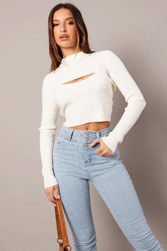 Sophisticated Fashion White Knit Top Long Sleeve Shrug and Cami Set