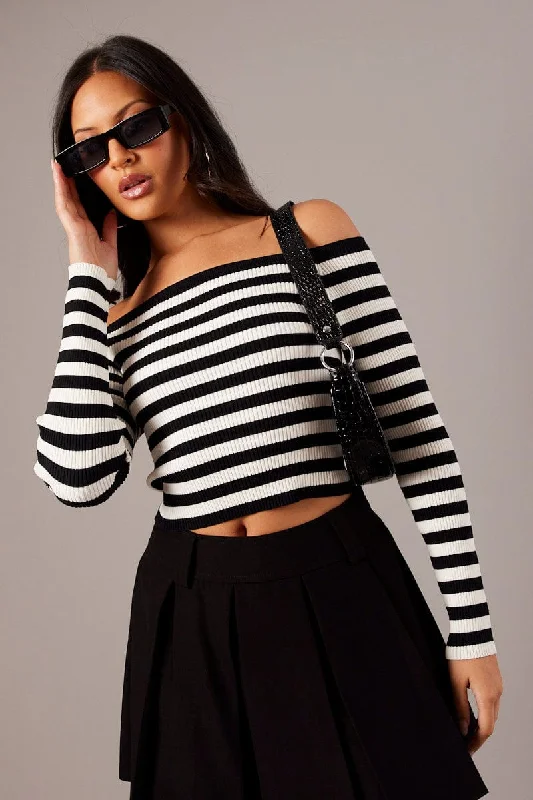 Wardrobe Update White Stripe Knit Top Long Sleeve Off Shoulder