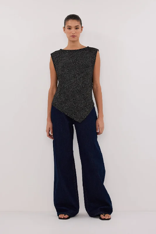 Art Deco Geometric Pattern Look ALTHEA BLACK MARLE ASYM KNIT TOP