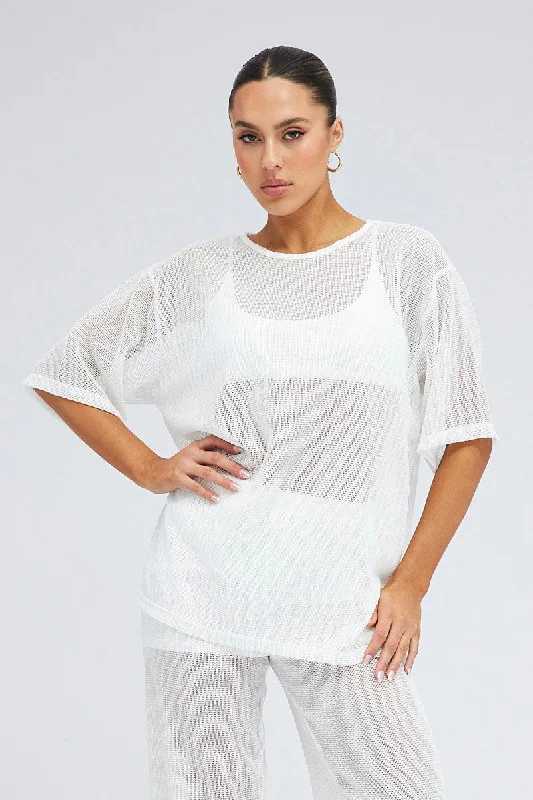 Seasonal Fashion White Oversized Knit Top Short Sleeve Crew Neck