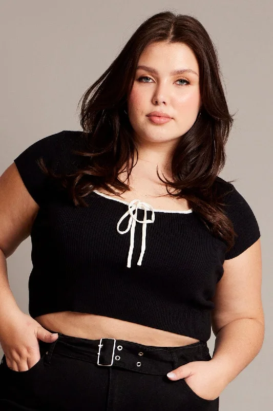 Limited Time Deal Black Knit Top Short Sleeve Square Neck