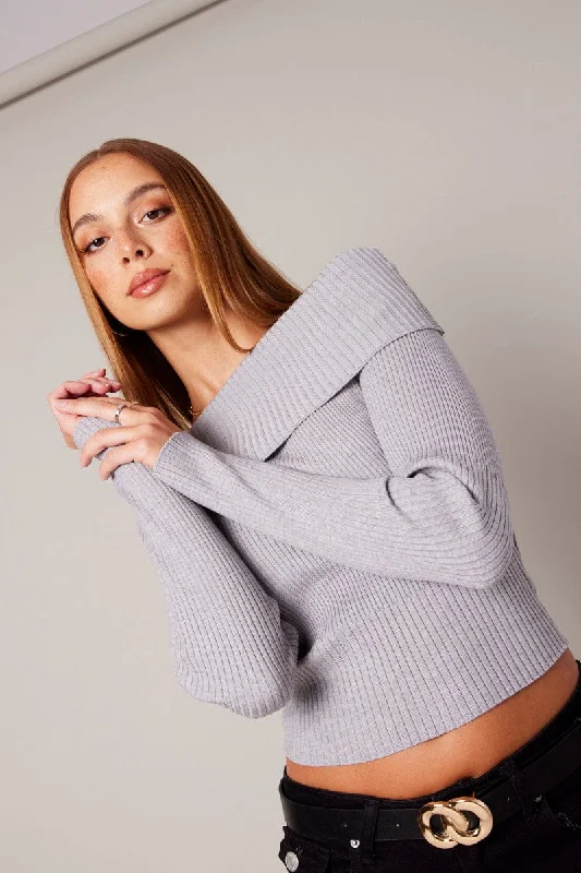 Budget-Friendly Fashion Grey Knit Top Long Sleeve Off Shoulder