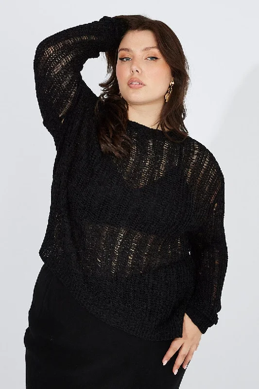 Minimalist Chic Black Fishnet Knit Top Long Sleeve Crew Neck