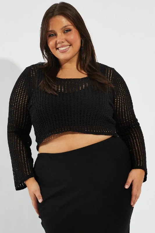 Seasonal Trend Black Crochet Knit Top Long Sleeve Scoop Neck