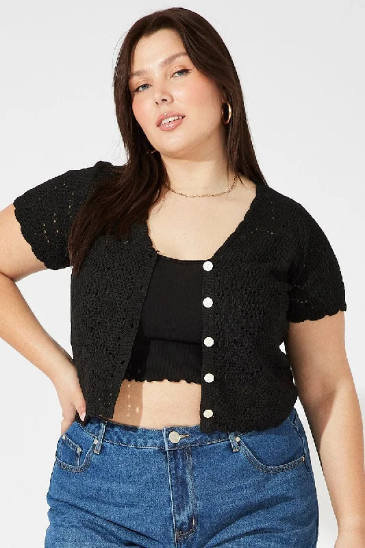 Celebrate With Big Savings Black Crochet Knit Cardigan Short Sleeve