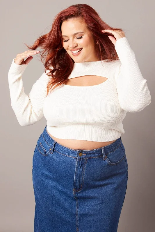 Luxe Women's Apparel White Cut Out Knit Top Long Sleeve
