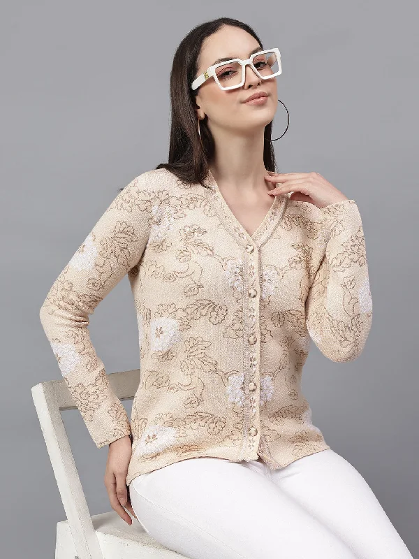 Runway Inspired Wear Women's Self Design Beige V-Neck Full Sleeves Casual Sweater