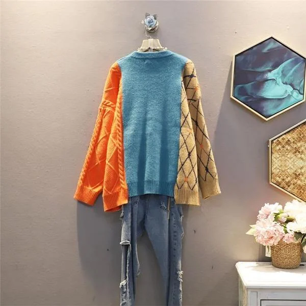 Urban Femme Streetwear Women Patchwork Pleated Goddess Fan Full Sleeve 2020 Winter Elegant Loose Sweater