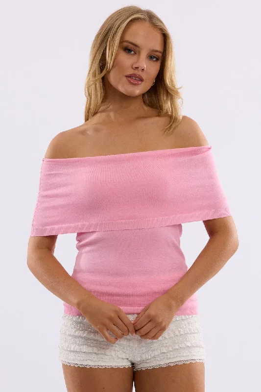 From Casual To Classy Pink Bardot Knit Top Short Sleeve